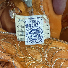 Load image into Gallery viewer, Vintage Orange Metallic Mini Dress. Perfect Party GoGo Dress with Gold Embroidery and Kimono Styling. - Scotch Street Vintage