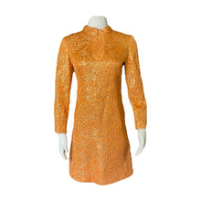 Load image into Gallery viewer, Vintage Orange Metallic Mini Dress. Perfect Party GoGo Dress with Gold Embroidery and Kimono Styling. - Scotch Street Vintage