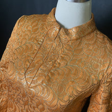 Load image into Gallery viewer, Vintage Orange Metallic Mini Dress. Perfect Party GoGo Dress with Gold Embroidery and Kimono Styling. - Scotch Street Vintage