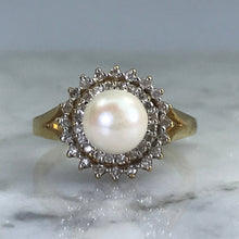Load image into Gallery viewer, Vintage Pearl Engagement Ring. Diamond Halo. 10K Yellow Gold. June Birthstone. 4th Anniversary Gift. - Scotch Street Vintage