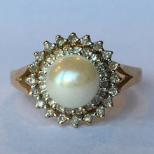 Load image into Gallery viewer, Vintage Pearl Engagement Ring. Diamond Halo. 10K Yellow Gold. June Birthstone. 4th Anniversary Gift. - Scotch Street Vintage