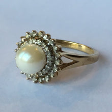 Load image into Gallery viewer, Vintage Pearl Engagement Ring. Diamond Halo. 10K Yellow Gold. June Birthstone. 4th Anniversary Gift. - Scotch Street Vintage