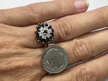Load image into Gallery viewer, Vintage Sapphire and Diamond Halo Ring in Solid Yellow Gold. Unique Sustainable Estate Jewelry. - Scotch Street Vintage