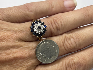 Vintage Sapphire and Diamond Halo Ring in Solid Yellow Gold. Unique Sustainable Estate Jewelry. - Scotch Street Vintage