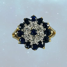 Load image into Gallery viewer, Vintage Sapphire and Diamond Halo Ring in Solid Yellow Gold. Unique Sustainable Estate Jewelry. - Scotch Street Vintage
