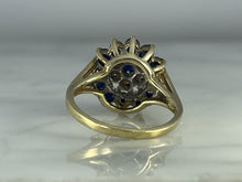 Load image into Gallery viewer, Vintage Sapphire and Diamond Halo Ring in Solid Yellow Gold. Unique Sustainable Estate Jewelry. - Scotch Street Vintage