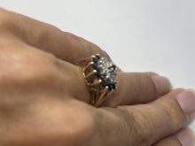 Load image into Gallery viewer, Vintage Sapphire and Diamond Halo Ring in Solid Yellow Gold. Unique Sustainable Estate Jewelry. - Scotch Street Vintage