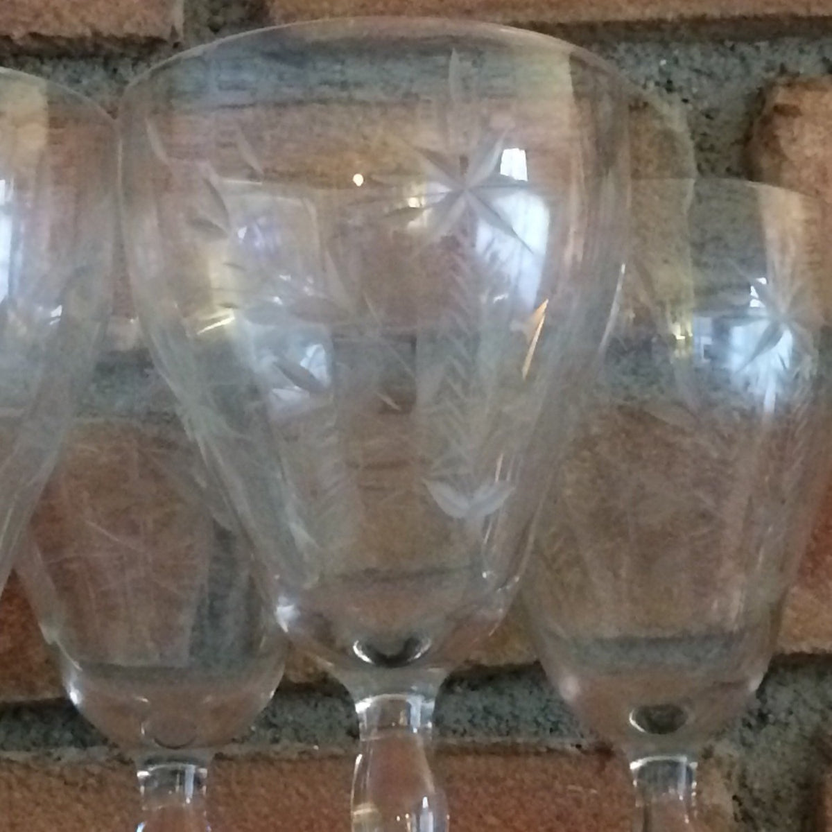 Vintage Wine Glasses. Glassware Ornate Etched Crystal Clear Tall Water