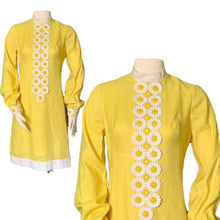 Load image into Gallery viewer, Vintage Yellow Linen Dress with Lace Daisies by Miss Elliette. Bohemian 1960s Sustainable Fashion. - Scotch Street Vintage
