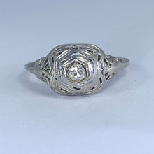 Load image into Gallery viewer, 1920s Art Deco Diamond Engagement Ring in a 18K White Gold Filigree Setting. Estate Jewelry. - Scotch Street Vintage