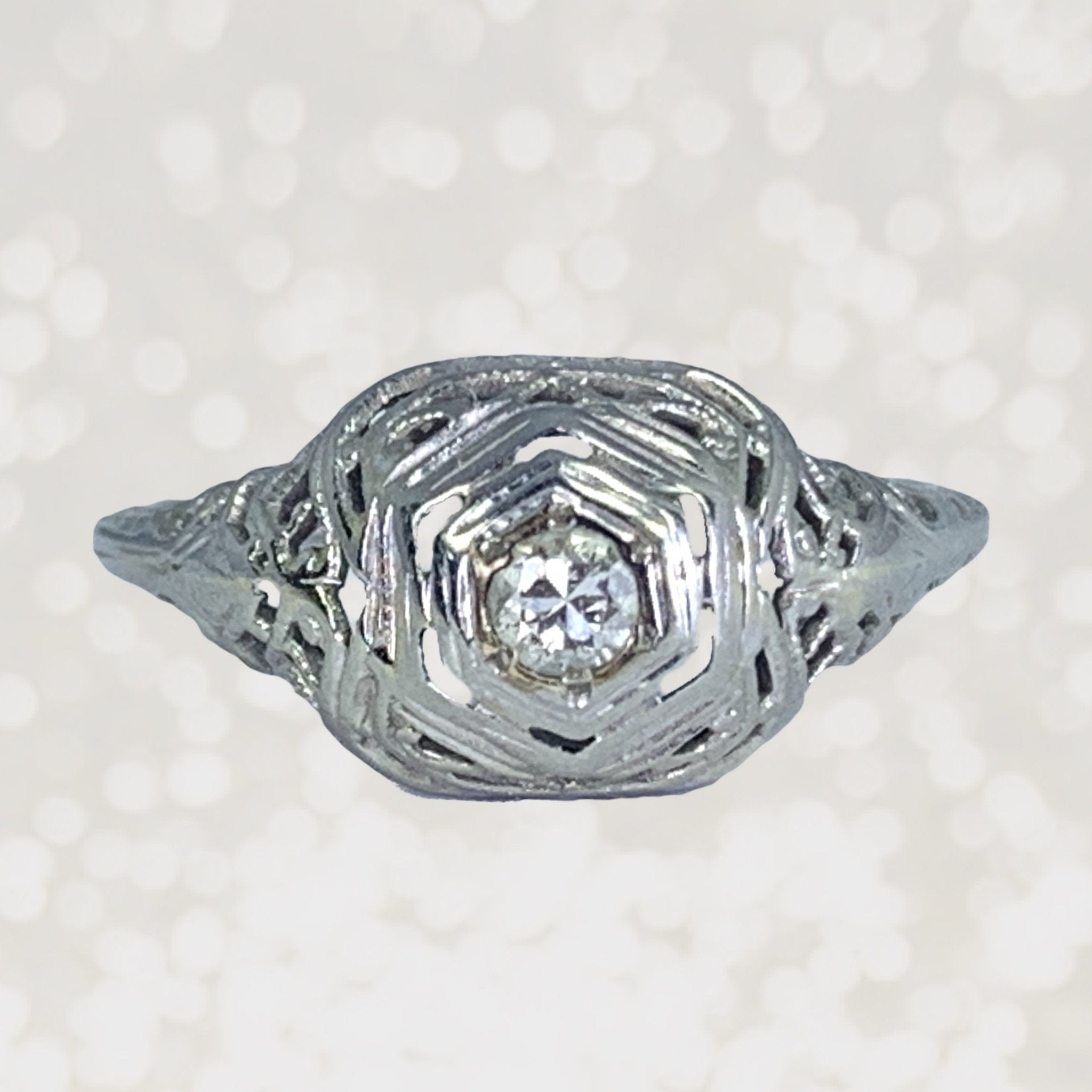 Dainty White Gold Vintage Filigree Engagement Ring Set | Moonkist Designs