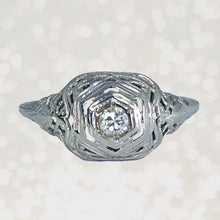 Load image into Gallery viewer, 1920s Art Deco Diamond Engagement Ring in a 18K White Gold Filigree Setting. Estate Jewelry. - Scotch Street Vintage