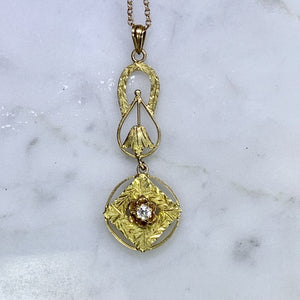 1930s Diamond Pendant in 10K Yellow Gold Filigree. Drop Pendant with Art Nouveau Style. - Scotch Street Vintage