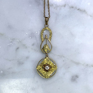 1930s Diamond Pendant in 10K Yellow Gold Filigree. Drop Pendant with Art Nouveau Style. - Scotch Street Vintage