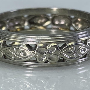 1930s Ornate Wedding Ring in 14k White Gold with a Stunning Floral Design. Perfect Stacking Band. - Scotch Street Vintage