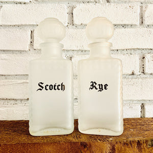 1940s Frosted Glass Decanter Set. Scotch & Rye Bottles. Vintage Barware. Perfect Housewarming Gift. - Scotch Street Vintage