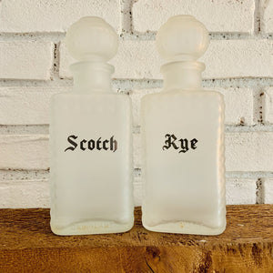 1940s Frosted Glass Decanter Set. Scotch & Rye Bottles. Vintage Barware. Perfect Housewarming Gift. - Scotch Street Vintage