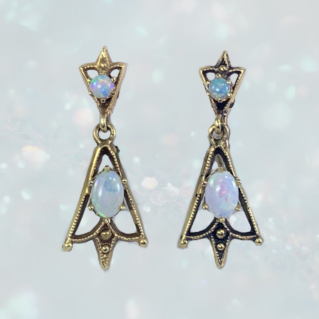 1940s Opal Drop Earrings in 14K Yellow Gold Setting. Old Hollywood Glam! October Birthstone. - Scotch Street Vintage