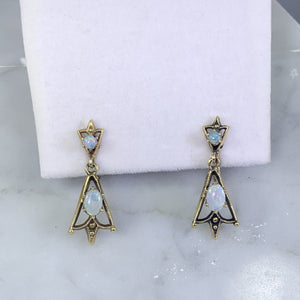 1940s Opal Drop Earrings in 14K Yellow Gold Setting. Old Hollywood Glam! October Birthstone. - Scotch Street Vintage