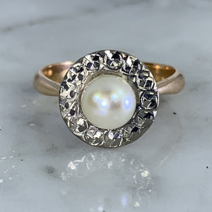 1940s Pearl Engagement Ring set in 14K White and Rose Gold. Sustainable Estate Jewelry. - Scotch Street Vintage