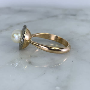 1940s Pearl Engagement Ring set in 14K White and Rose Gold. Sustainable Estate Jewelry. - Scotch Street Vintage