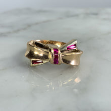 Load image into Gallery viewer, 1940s Ruby Bow Shaped Ring set in 14K Yellow Gold. July Birthstone. 15th Anniversary Gift. - Scotch Street Vintage