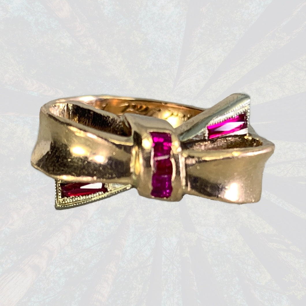 1940s Ruby Bow Shaped Ring set in 14K Yellow Gold. July Birthstone. 15th Anniversary Gift. - Scotch Street Vintage