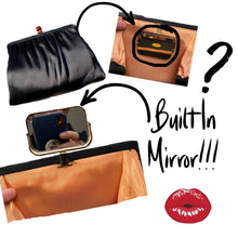 Load image into Gallery viewer, 1950s Black Satin Clutch by Ande with Built in Mirror and Lucite Closure. Sustainable Fashion Accessory. - Scotch Street Vintage