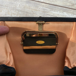 1950s Black Satin Clutch by Ande with Built in Mirror and Lucite Closure. Sustainable Fashion Accessory. - Scotch Street Vintage