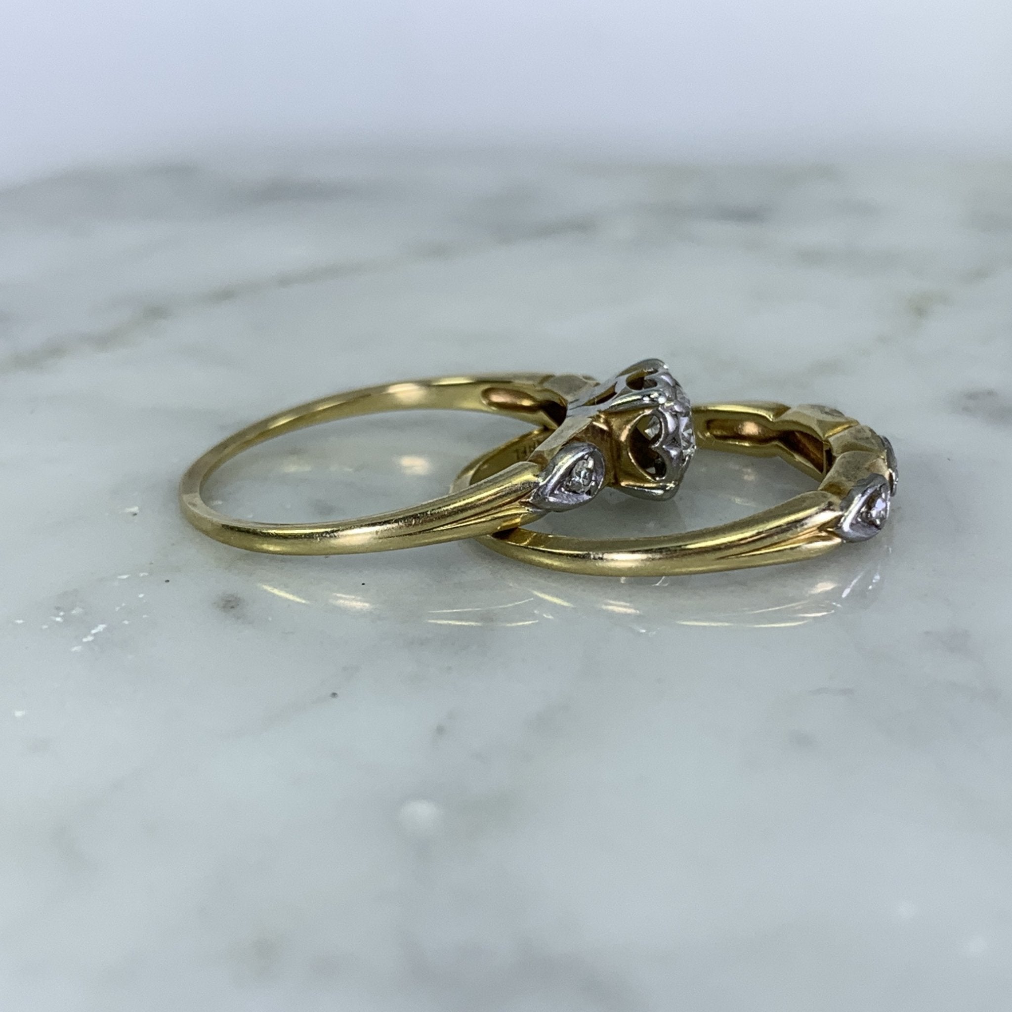 1950s Vintage Diamond Bridal Ring Set 14K Yellow Gold