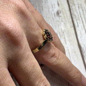 1950s Garnet Cluster Ring in a 14k Yellow Gold Flower Setting. Unique Bohemian Engagement Ring. - Scotch Street Vintage