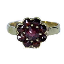 Load image into Gallery viewer, 1950s Garnet Cluster Ring in a 14k Yellow Gold Flower Setting. Unique Bohemian Engagement Ring. - Scotch Street Vintage