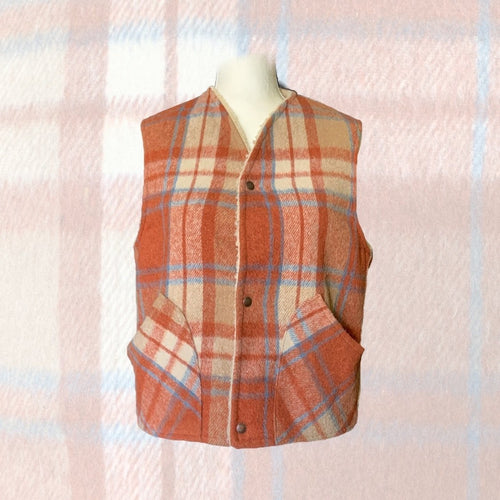 1950s Orange and Blue Plaid Wool Vest by Fleetwood Sportswear. Sherpa Lined Warm Outerwear. - Scotch Street Vintage