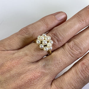 1950s Pearl Cluster Ring set in 14k Yellow Gold. Estate Fine Jewelry. June Birthstone. 4th Anniversary Gift. - Scotch Street Vintage