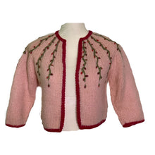 Load image into Gallery viewer, 1950s Pink Wool Sweater with Floral Accent. PinUp Style Cardigan. Sustainable Vintage Fashion. - Scotch Street Vintage