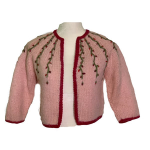 1950s Pink Wool Sweater with Floral Accent. PinUp Style Cardigan. Sustainable Vintage Fashion. - Scotch Street Vintage