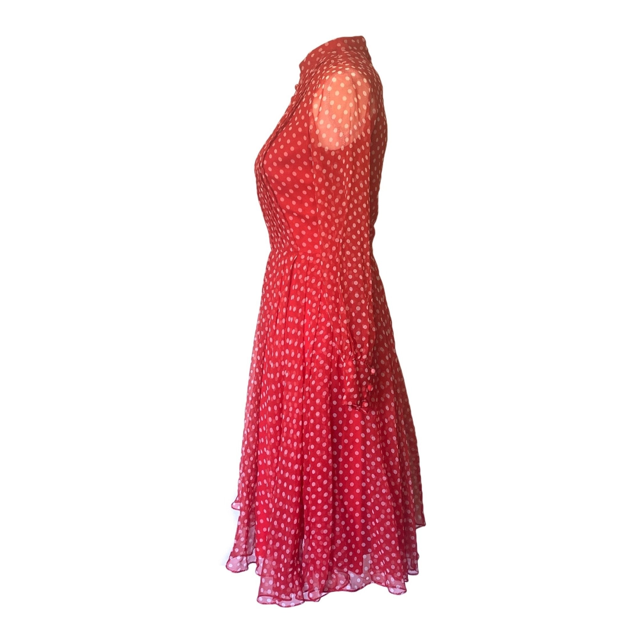 1950s Red Polka Dot Chiffon Dress by Jack Bryan with Micro Pleating. P 1950s Red Polka Dot Chiffon Dress by Jack Bryan with Micro Pleating. P
