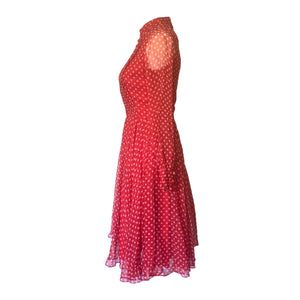 1950s Red Polka Dot Chiffon Dress by Jack Bryan with Micro Pleating. Perfect Summer Party Dress. - Scotch Street Vintage