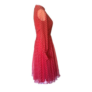 1950s Red Polka Dot Chiffon Dress by Jack Bryan with Micro Pleating. Perfect Summer Party Dress. - Scotch Street Vintage