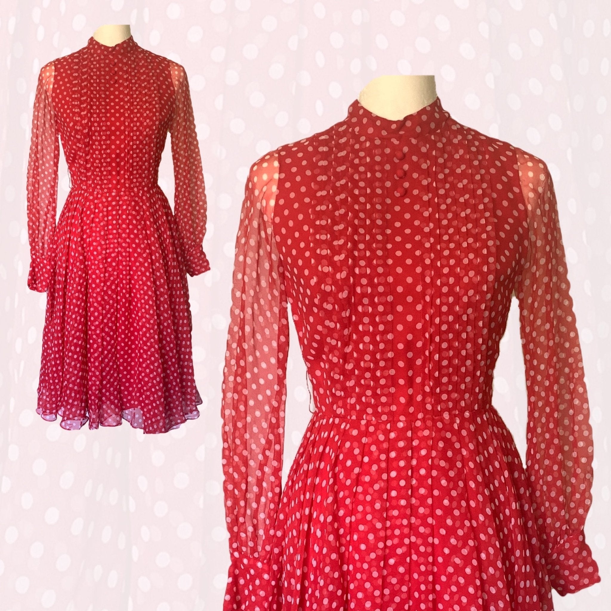 1950's red polka dot dress 1950s Red Polka Dot Chiffon Dress by Jack Bryan with Micro Pleating. P