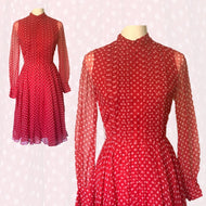 1950s Red Polka Dot Chiffon Dress by Jack Bryan with Micro Pleating. Perfect Summer Party Dress. - Scotch Street Vintage