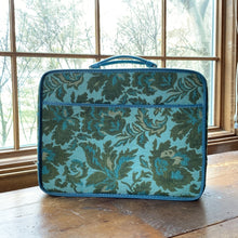 Load image into Gallery viewer, 1950s Tapestry Suitcase a in Bright Turquoise and Green Brocade Floral Pattern. Perfect Overnight Bag - Scotch Street Vintage