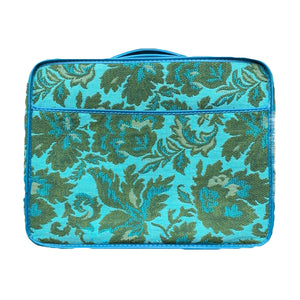 1950s Tapestry Suitcase a in Bright Turquoise and Green Brocade Floral Pattern. Perfect Overnight Bag - Scotch Street Vintage