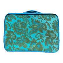 Load image into Gallery viewer, 1950s Tapestry Suitcase a in Bright Turquoise and Green Brocade Floral Pattern. Perfect Overnight Bag - Scotch Street Vintage