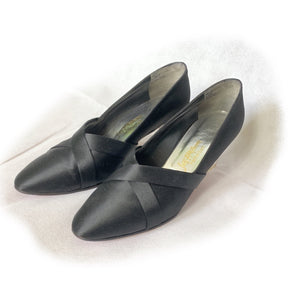 1960s Black Kitten Heel Pumps in Black Satin with a Lucite Heel. Made for Saks Fifth Avenue. - Scotch Street Vintage