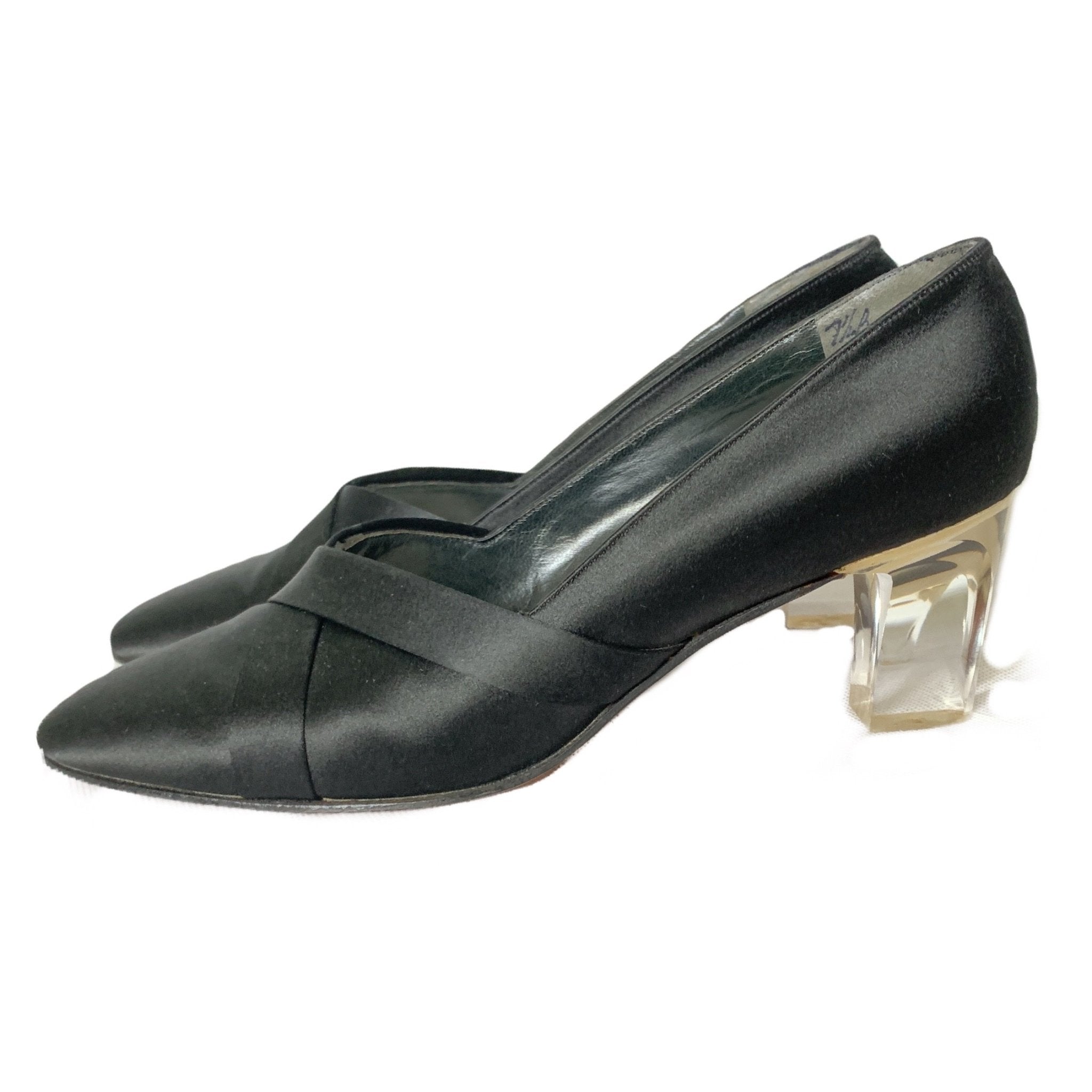 1960s Black Kitten Heel Pumps in Black Satin with a Lucite Heel. Made 1960s Black Kitten Heel Pumps in Black Satin with a Lucite Heel. Made