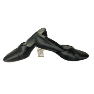 1960s Black Kitten Heel Pumps in Black Satin with a Lucite Heel. Made for Saks Fifth Avenue. - Scotch Street Vintage