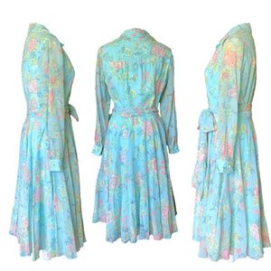 1960s Blue Floral Shirt Dress by Miss Elliette with a Blue Base & Pink Flowers. Midi Length Fit & Flare. - Scotch Street Vintage