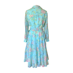 1960s Blue Floral Shirt Dress by Miss Elliette with a Blue Base & Pink Flowers. Midi Length Fit & Flare. - Scotch Street Vintage