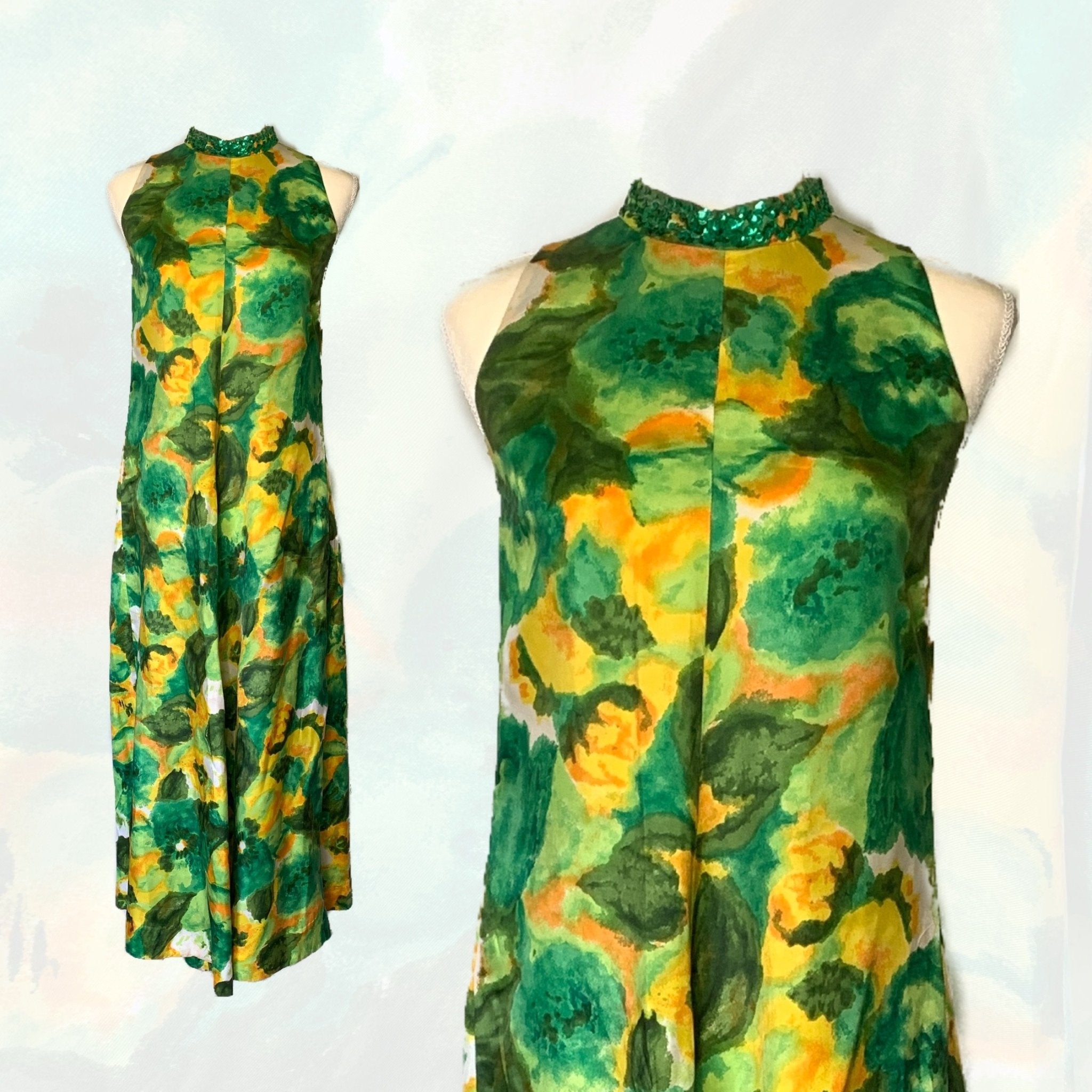 1960s Floral Maxi Dress with Green and Yellow Flowers by Reef. Perfect